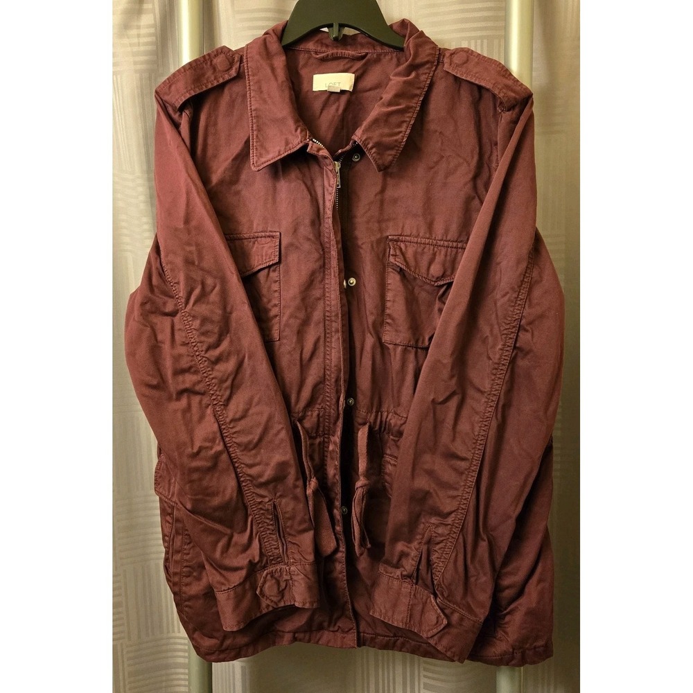 LOFT Utility Field Jacket Womens Burgundy Cotton Cargo Military Coat 2XL Pockets